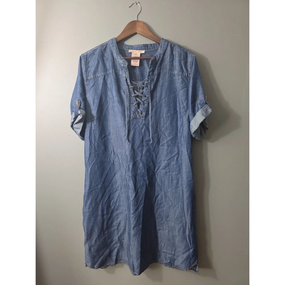 Philosophy Women's Dress Chambray Tunic Style Shirt Dress Lace Up XL Tencel
